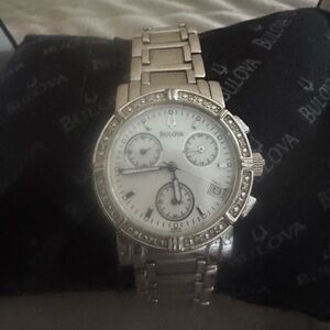 Bulova Silver Chronograph Watch with Crystal Details